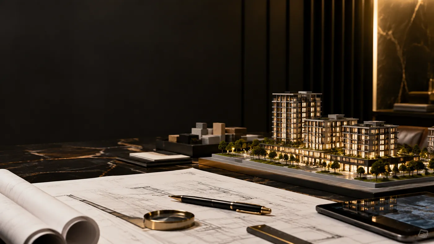 مجسم معماري ومخططات هندسية على طاولة دراسة الفرص الاستثمارية